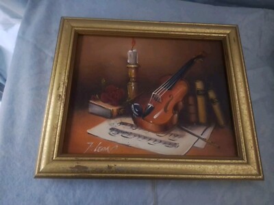 Signed By F Lean Painting Still Life with Violin Oil on Canvas Vintage Art 