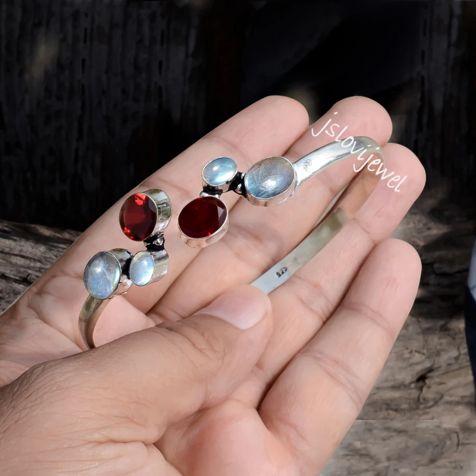 Labradorit & facettierter Granat Edelstein 925 Sterling Silber Manschette Mod... - Bild 4 von 4