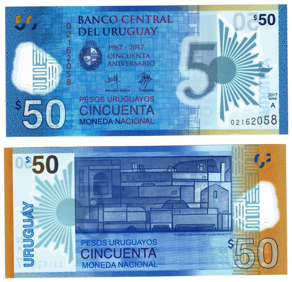 2017 Uruguay 50 Pesos P100 Banknote 50th Anniversary of Banco Central Polymer - Bild 1 von 1