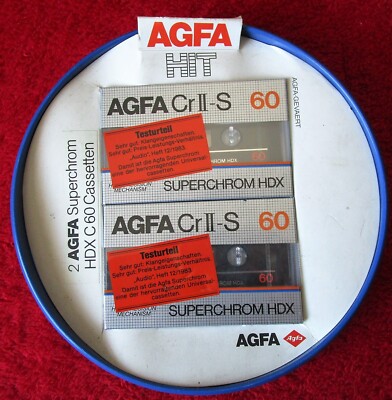AGFA CR II-S Super Chrom HDX 60 Kassetten 2 x in Frisbee Scheibe Werbung Neu