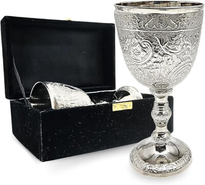 6'' Royal Handmade Engraved Silver Plated Brass Wine Goblets With Velvet Box Gift