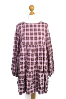 Qed London Burgundy Pink Check Stylish Romantic Smock Tiered Dress Size UK 10