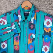 Vintage Wrangler Brushpopper Mens Western Shirt Teal Aztec Long Sleeve 17.5x35