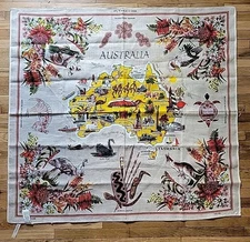 Citer Australia Linen Table Cloth Wall Hanging 36x34" Textile Map Flora Fauna