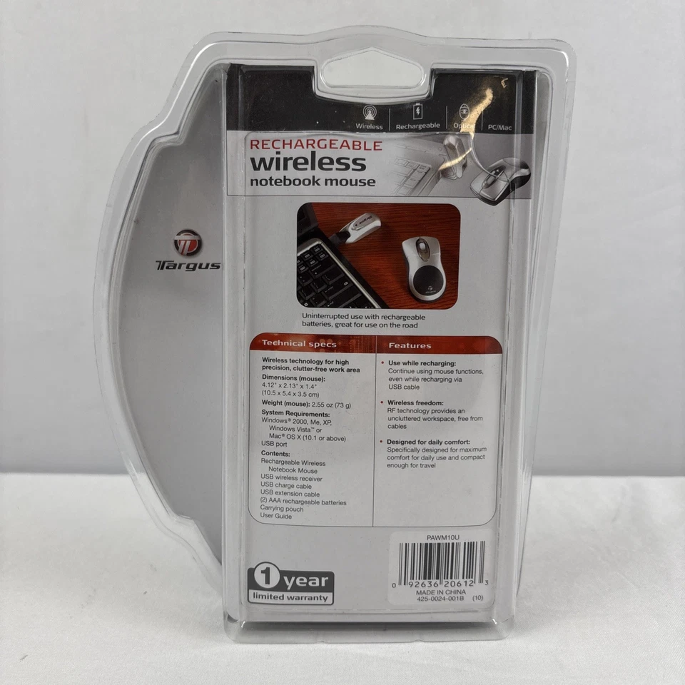 Targus Rechargeable Wireless Notebook Mouse PC/Mac PAWM10U Computer NEW In Pack - Image 2 of 4