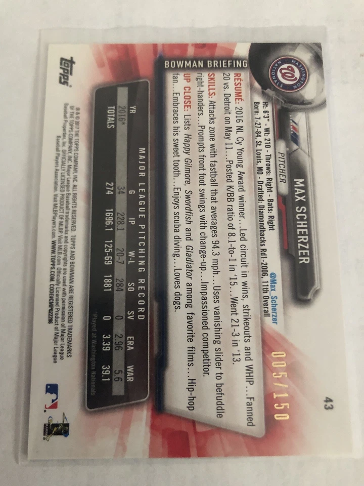 2017 Bowman Baseball - Max Scherzer #43 Blue Parallel Card /150 Nationals - Image 2 of 2