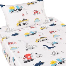 Dinosaur Construction Work Digger Cars Vehicle Cute Cozy Fun Twin Sheet Set f...