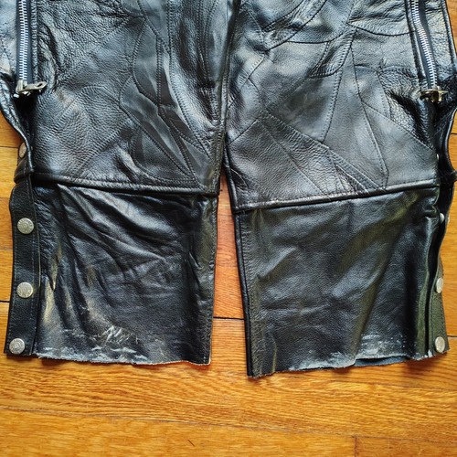 Black Leather Patchwork Vtg Motorcycle Chaps Men Women Biker Riding Pants Small - Bild 4 von 8