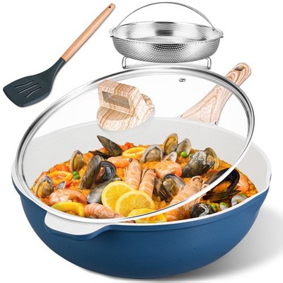 12 Inch Nonstick Ceramic Deep Frying Pan,5.5QT Saut�� Pan with lid, Blue.