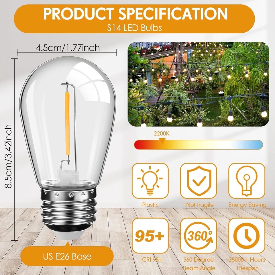 Indoor Outdoor Waterproof LED Bulbs - 60 Pack S14 Lights - Image 4 of 4