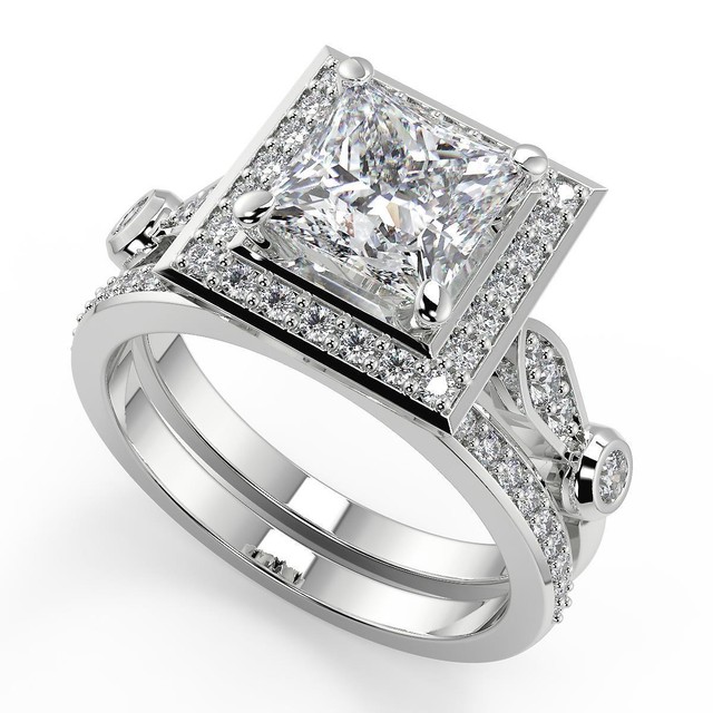 1.7 Ct Princess Cut Halo Pave Diamond Engagement Ring VS1 F Treated 1.7 Ct Princess Cut Halo Pave Diamond Engagement Ring VS1 F Treated