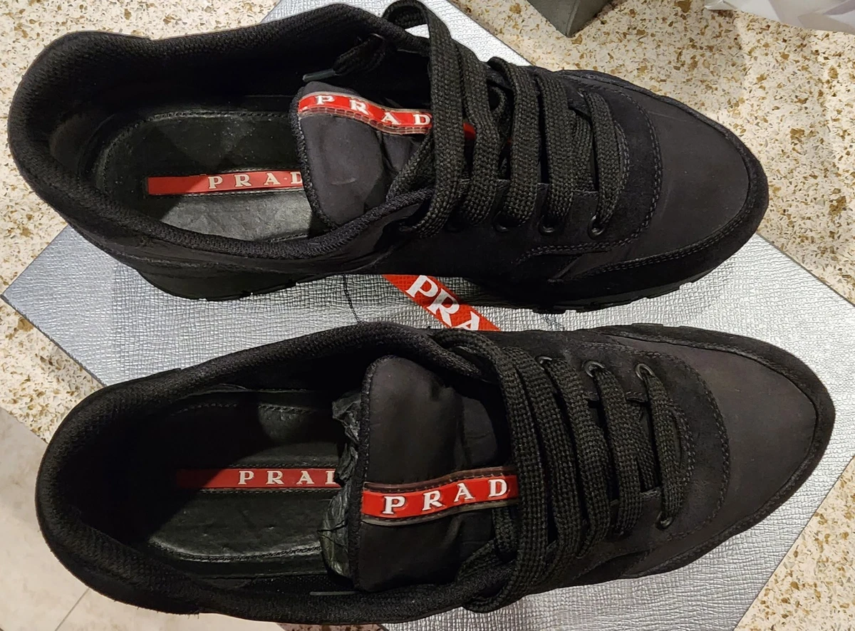Prada men sneakers (4e 3363) Black Leather Lace-Up Authentic 100%