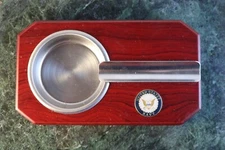 Vintage United States Navy Single Cigar Wooden Ashtray Metal Set on Wood Base