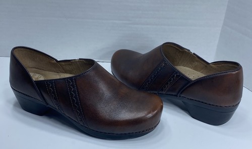 brown leather nursing clogs