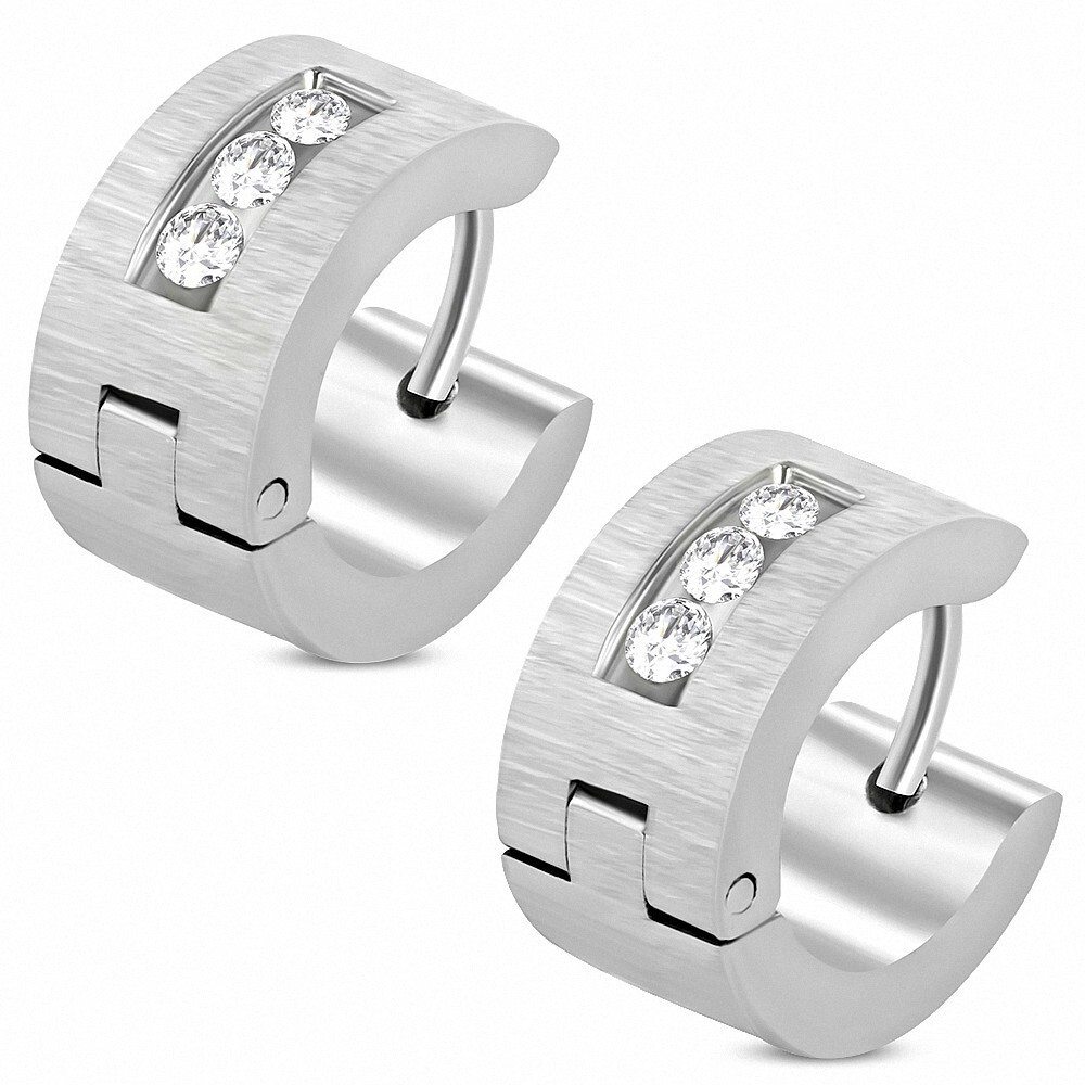 7mm Satin Finish Stainless Steel Huggie Earrings with Clear CZ