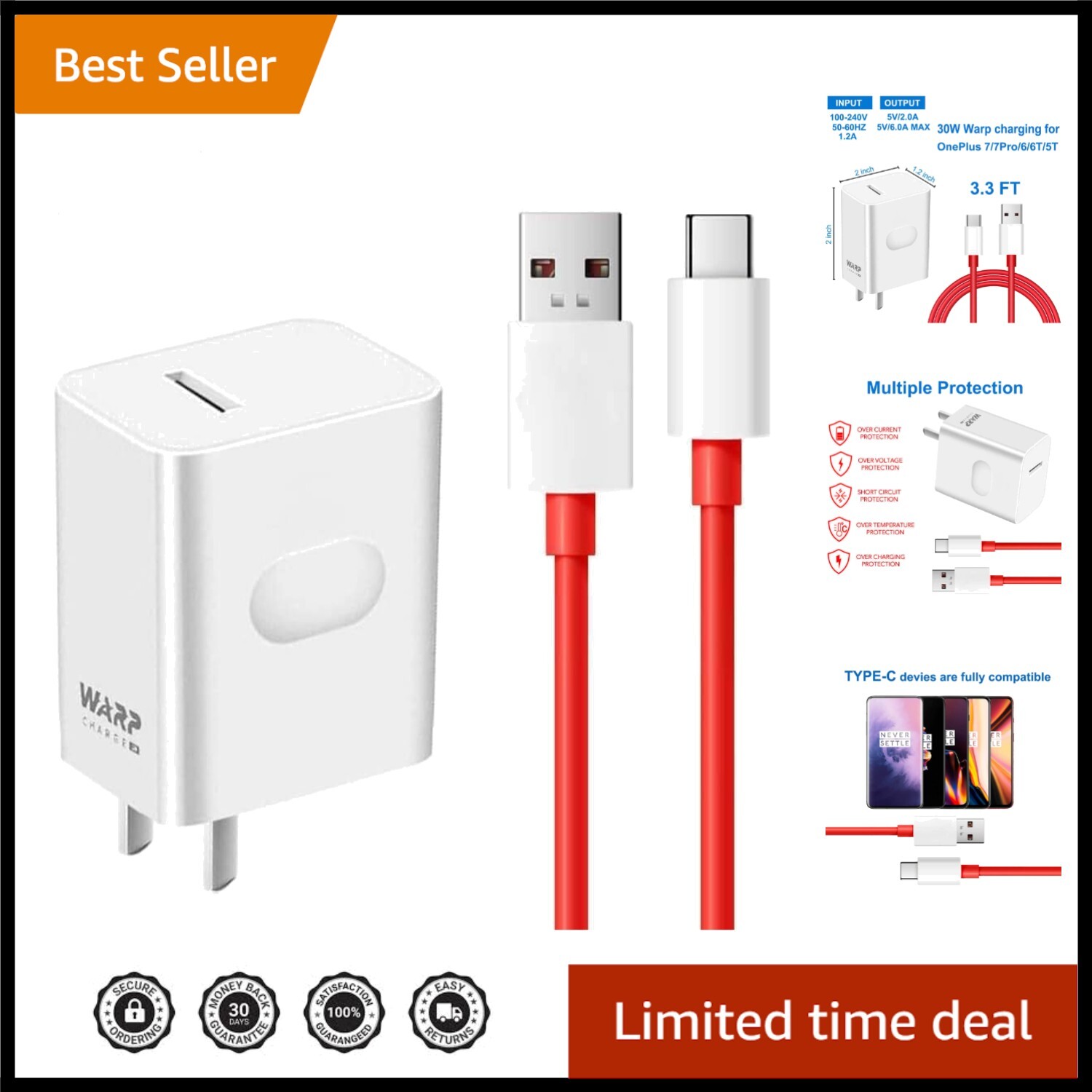 Safe 30W Warp Charger with USB-C Cable for OnePlus 3T/5/6T/7 - Fast Reliable
