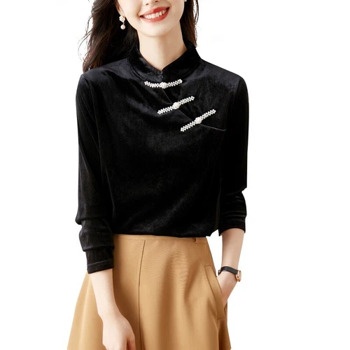 Women Long Sleeve Blouse Shirt Chinese Style Cheongsam Velvet Tops Retro Shirt - Imagen 3 de 21