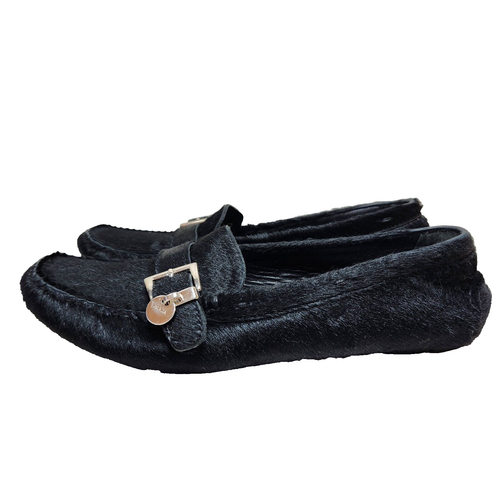 PRADA Pony Calf Hair Driving Loafers COA Sz 37/7 US Logo Charm Black Driver - Picture 6 of 22