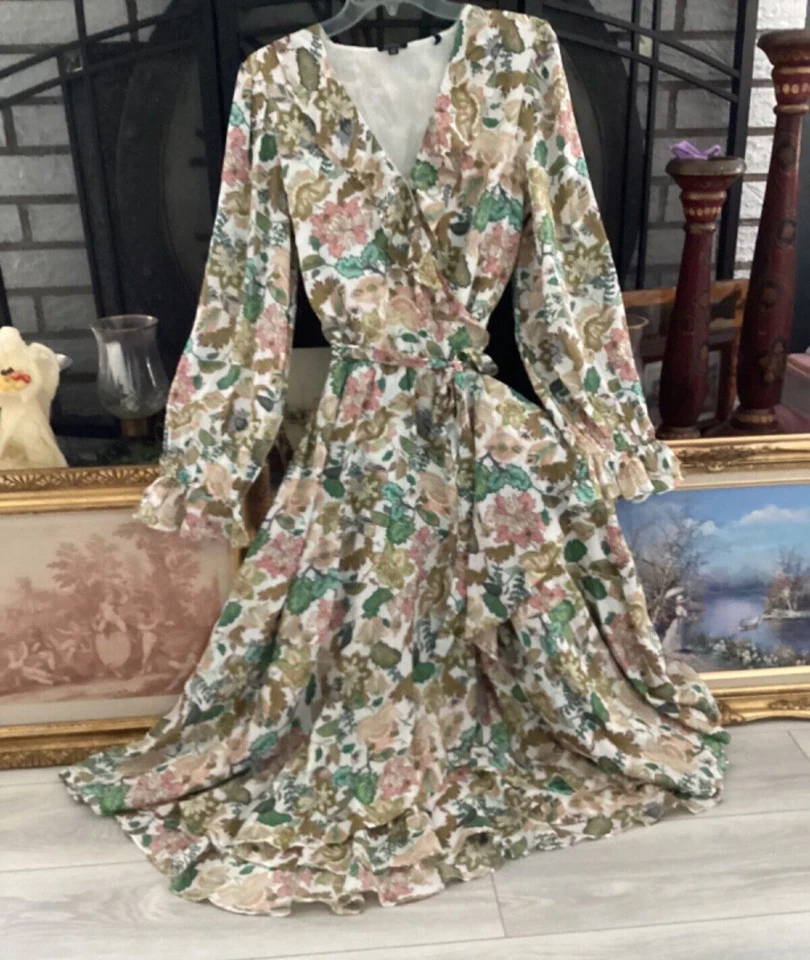 Buffalo David Bitton Very Flowy Floral Print Long Sleeve Wrap Midi Dress Sz M/L - Image 2 of 4