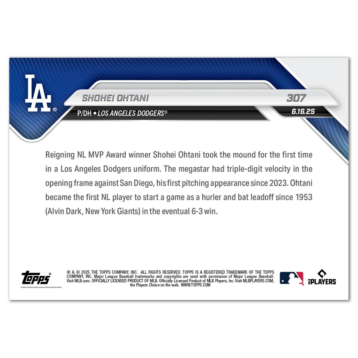 Shohei Ohtani - '25 MLB Topps NOW-Card 307 Pitching Debut Dodgers