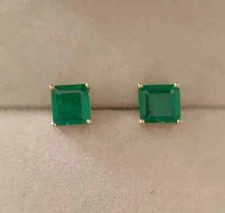 Natural Emerald 4Ct Asscher Cut Solitaire Stud Earrings 14K Yellow Gold Plated