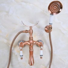 Wall Mount Red Copper Clawfoot Bath Tub Filler Faucet Set Handheld Shower