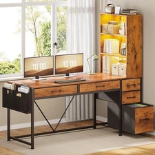Reversible Computer Desk with 5 Fabric Drawers, Bookshelf and LED Lights
