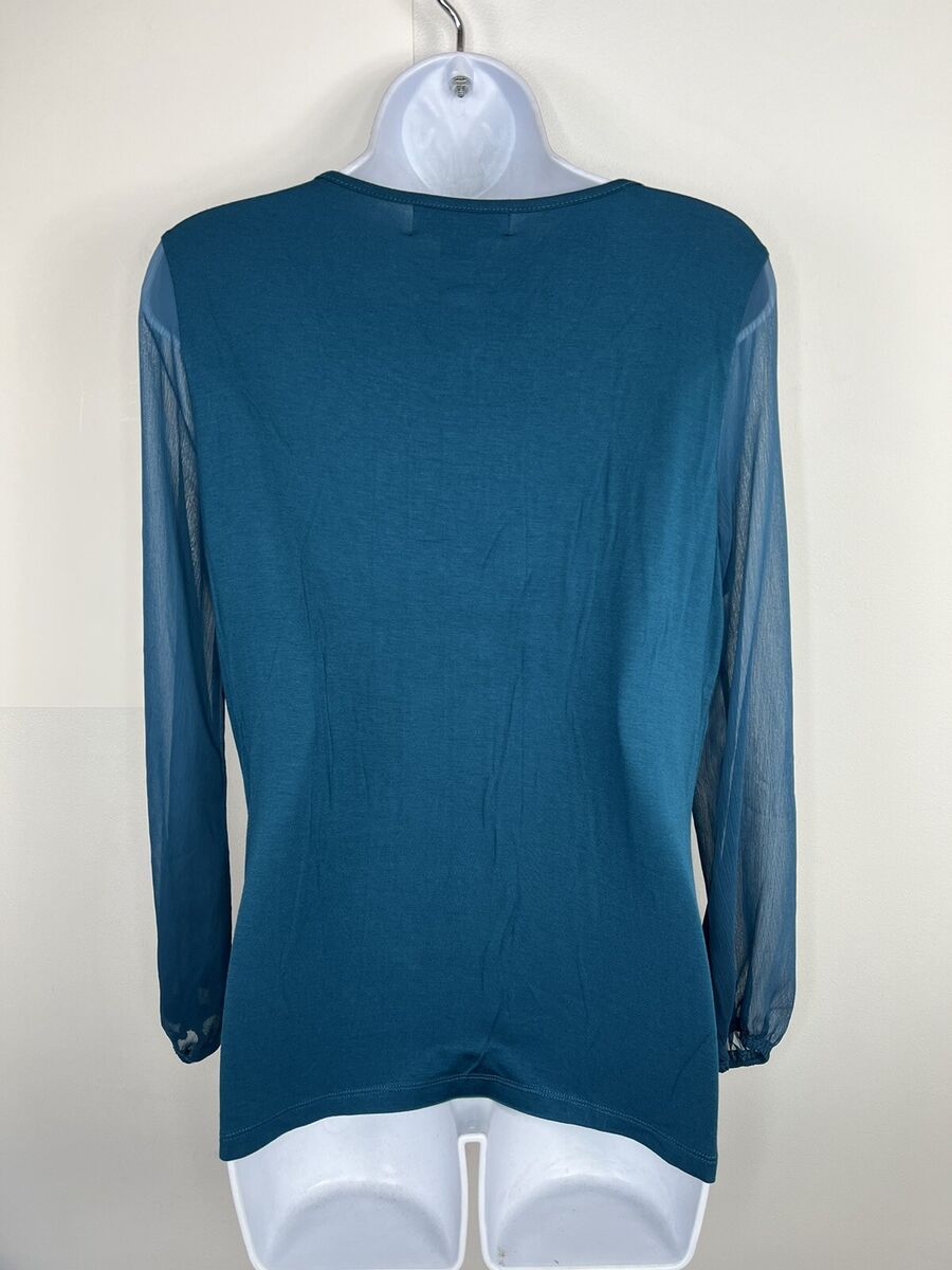 August Silk Petites Womens Top Sz PM Turquoise Blue Long Sleeve Ruffle Neck  New