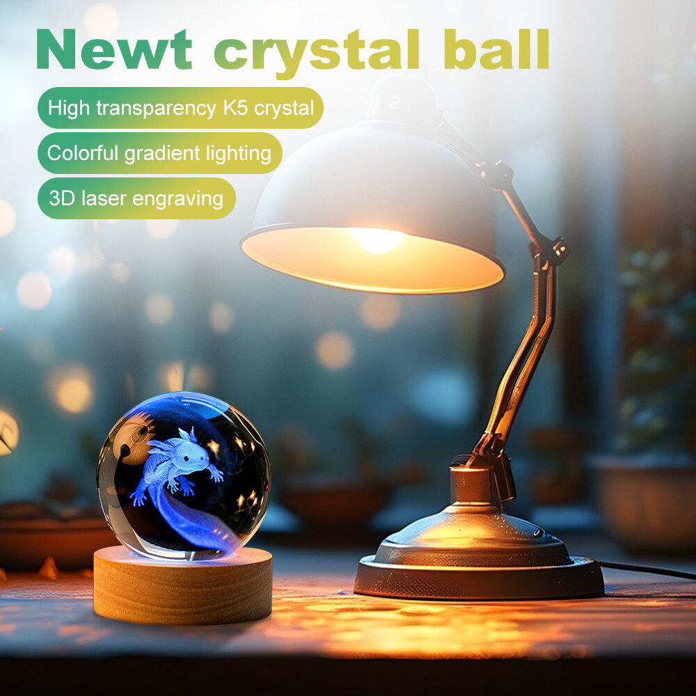 3D Axolotl Laser Engraved Creative Crystal Ball Lamp, Multi-coloured Night Light