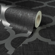 Charcoal Black Trellis Geometric Metallic Silver Grey Wallpaper Linen Effect