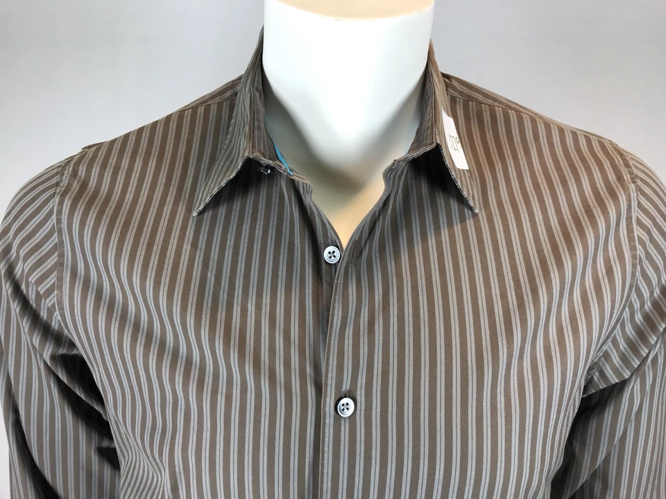 Men’s Club Monaco Medium Lighter Brown & Gray Striped L/S Button Down Shirt - Image 2 of 4