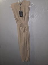 Size 8 Prettylittlething Textured High Neck Cross Waist Wrap Midi Dress, Stone