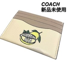 COACH CAT71 Lemon Graphic Slim Card Case Leather Beige 4 Card Slots 1 Pocket