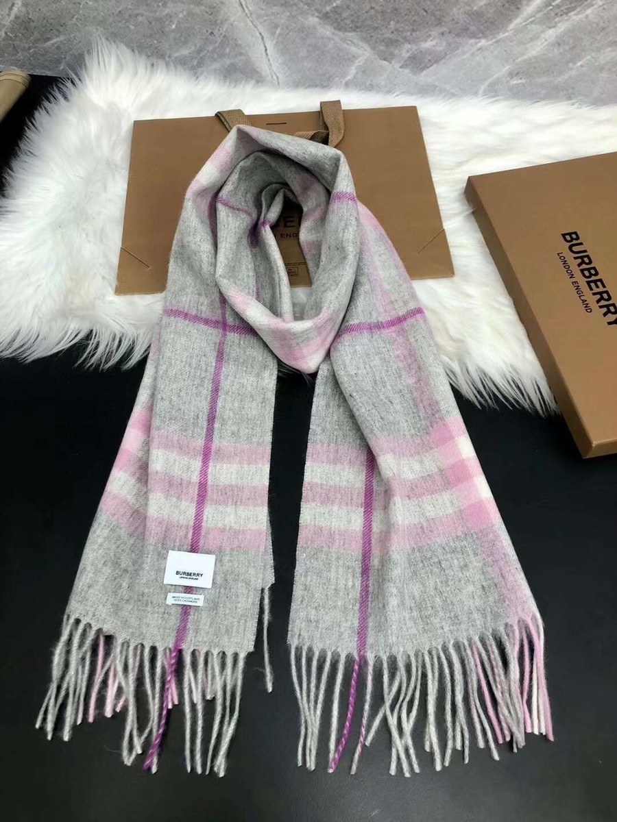NEW Burberry 100% Cashmere PINK&GREY Checked Fringe Scarf 168x30cm