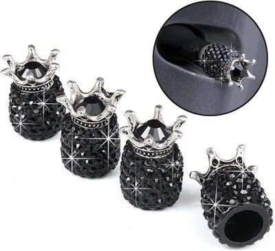 4x Bling Black Crystal Diamond Crown Tire Valve Stem Caps Cover Fits Universal