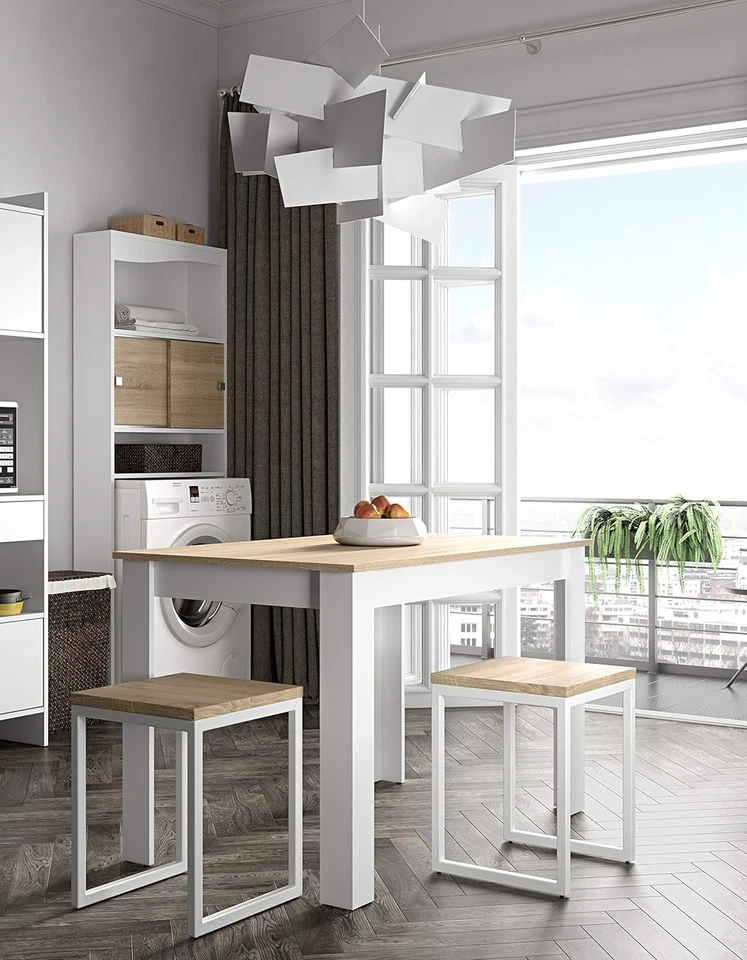 Nice, Tavolo Da Pranzo, Bianco E Rovere Naturale 110X70X73,1 Cm - Immagine 2 di 4