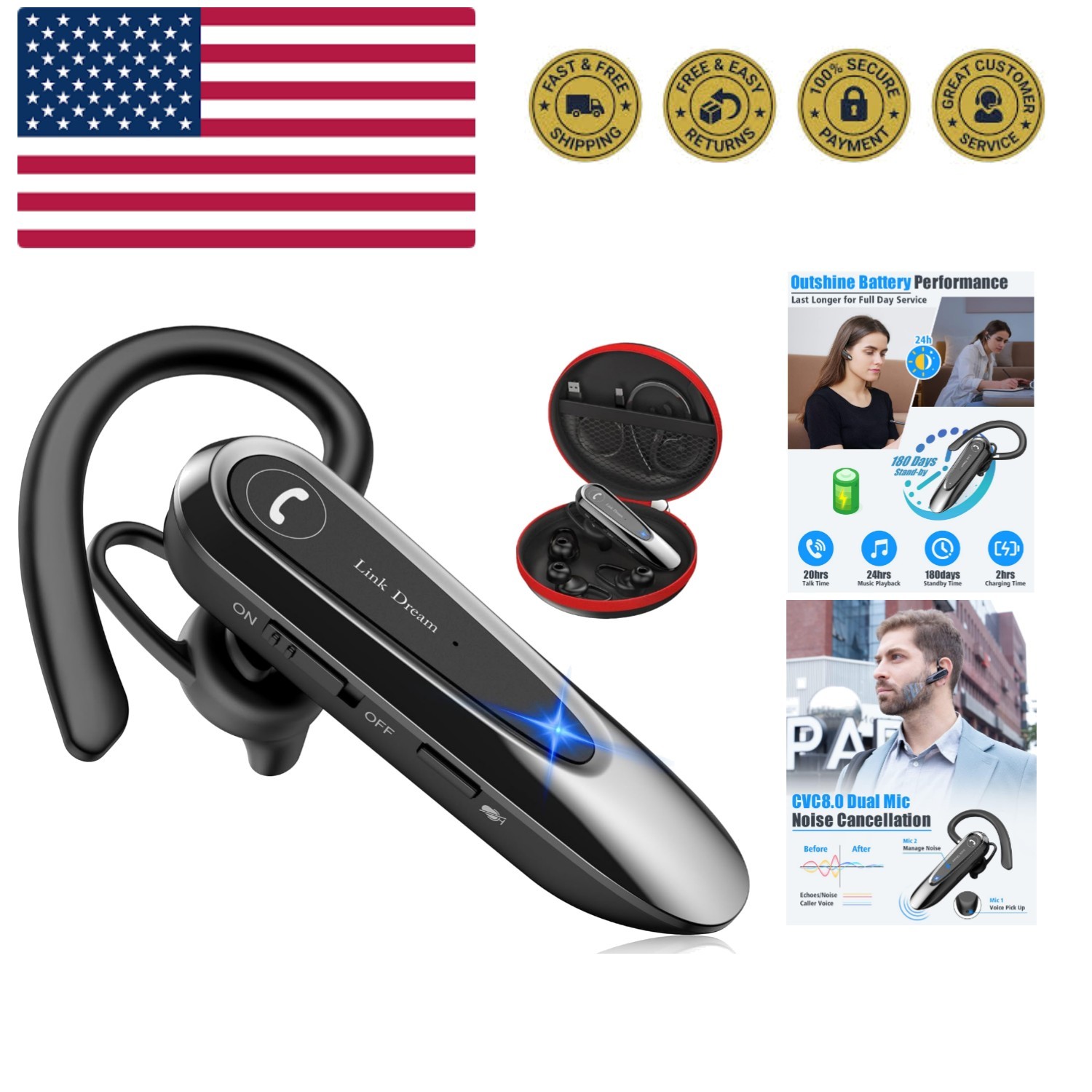 Wireless Bluetooth Earpiece with Dual Mic Noise Canceling for Cell Phones