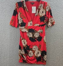 GUESS Floral Bodycon Mini Dress Women's XL Red/Black Multi Half Sleeve Pullover