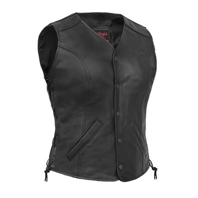 Womens Leather Motorcycle Vest Open Neck, Side Laces and Concealed Pockets Black