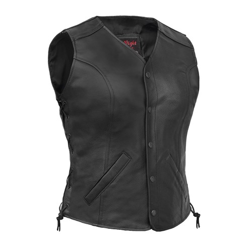 Damen Leder Motorrad Weste offener Ausschnitt, seitliche Schnürsenkel und verdeckte Taschen schwarz - Bild 1 von 13