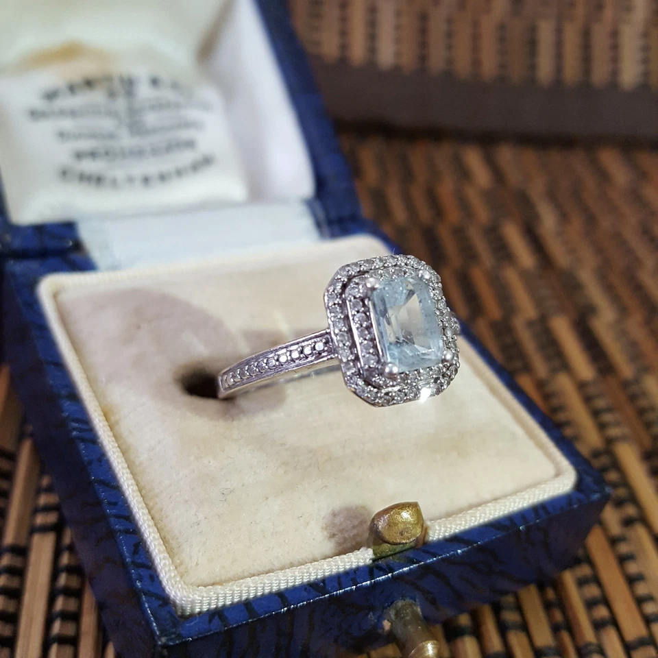 925 Sterling Silver Ring, Genuine Aquamarine And Diamonds, Size K US 5.25  - Image 4 of 4