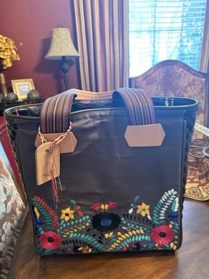 NEW Consuela Canvas Brown Tote with Floral Embroidery NWOT RARE GORGEOUS!