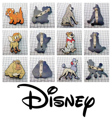 Vintage 80er Disney Francis Einstein Tito Oliver Dodger & Georgette Brosche Anstecker