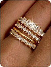 14K Gold Plated Stackable Dainty Cubic Zirconia Wedding Bands Ring Set Minimalis
