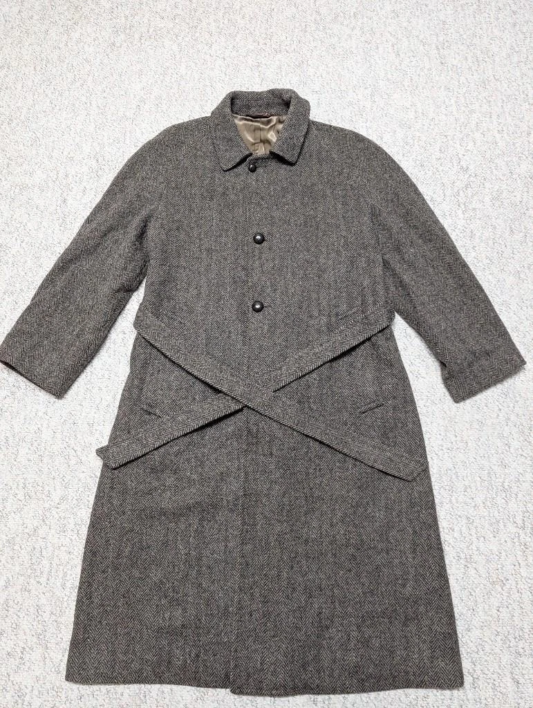 vintage USA made NORDSTROM herringbone TWEED overcoat 44L brown BELTED wool image 10