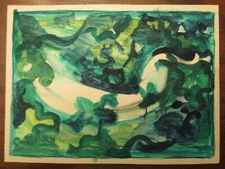 Vintage Watercolor Andre Delfau Modernist  Abstract Green Surreal Art Painting!