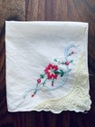 Womens White Vintage Embroidered Flower Border 100% Cotton Handkerchief