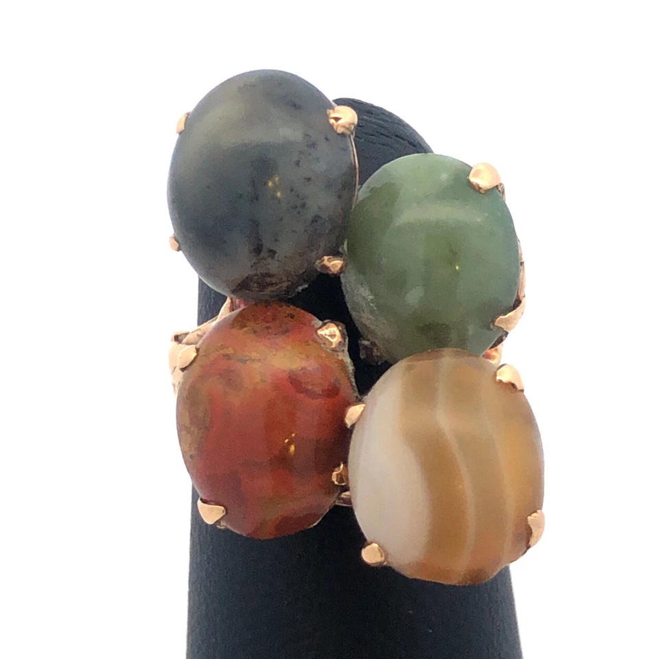 Retro Custom 14K Yellow Gold Jade Agate Jasper Protection Strength Courage Ring - Image 2 of 4