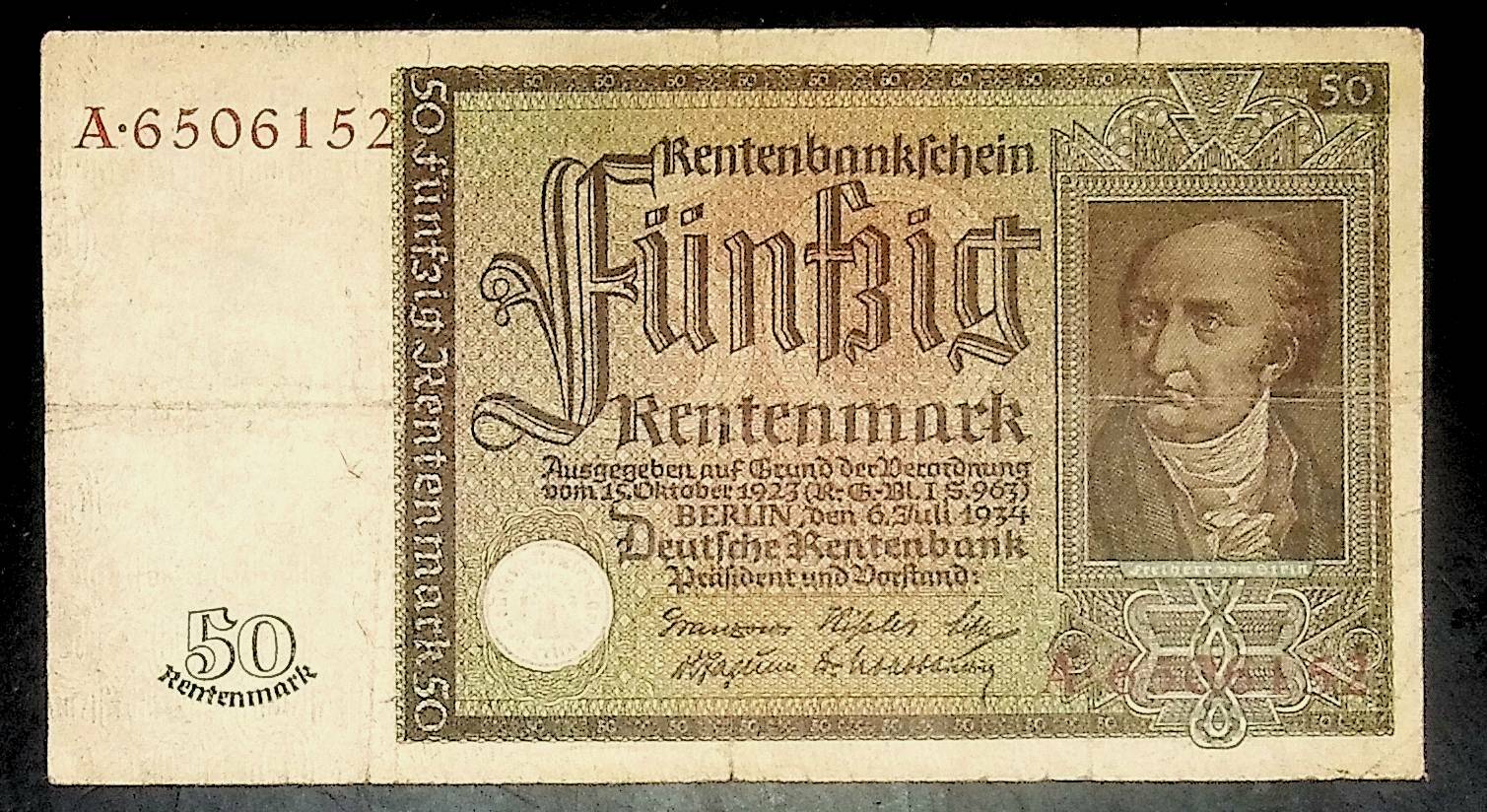 1934 Germany 50 Rentenmark Banknote