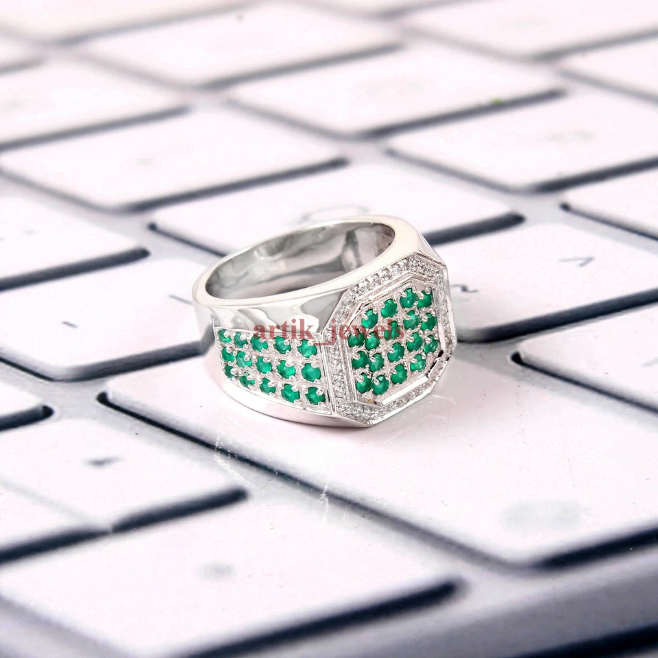 Piedra preciosa de ónix verde natural con anillo de plata de ley 925 para hombre #5899 Foto 3 de 4